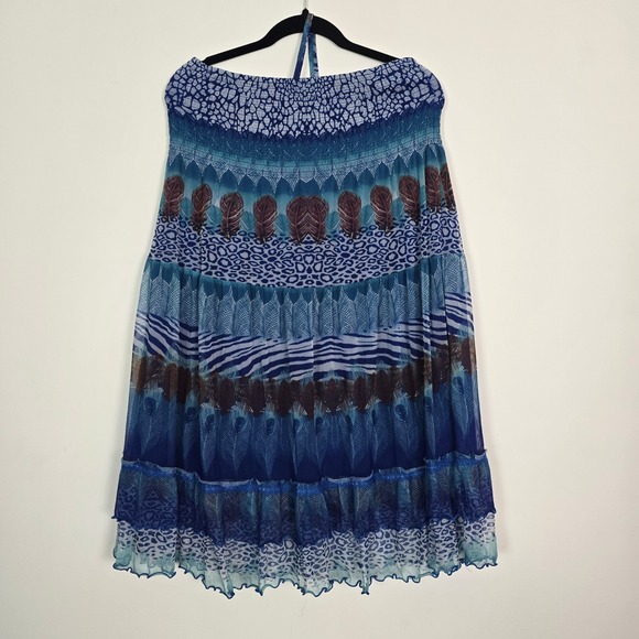 Lapis Dresses & Skirts - Lapis Convertible Skirt Dress L Blue Animal Peacock Print Beach Boho Gypsy Festi